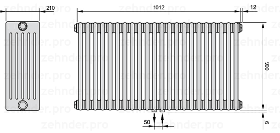 Схема (чертеж) Радиатор Zehnder Charleston 6090/22 №5410 Белый глянцевый RAL 9016